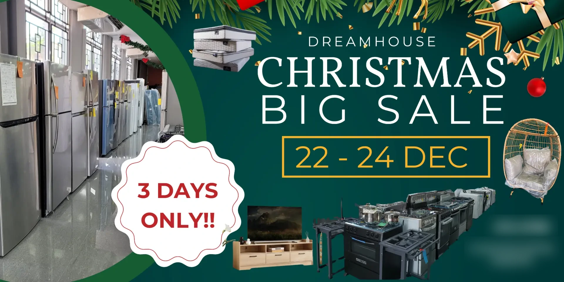 Dreamhouse Christmas Big Sale promotional banner featuring appliances and furniture