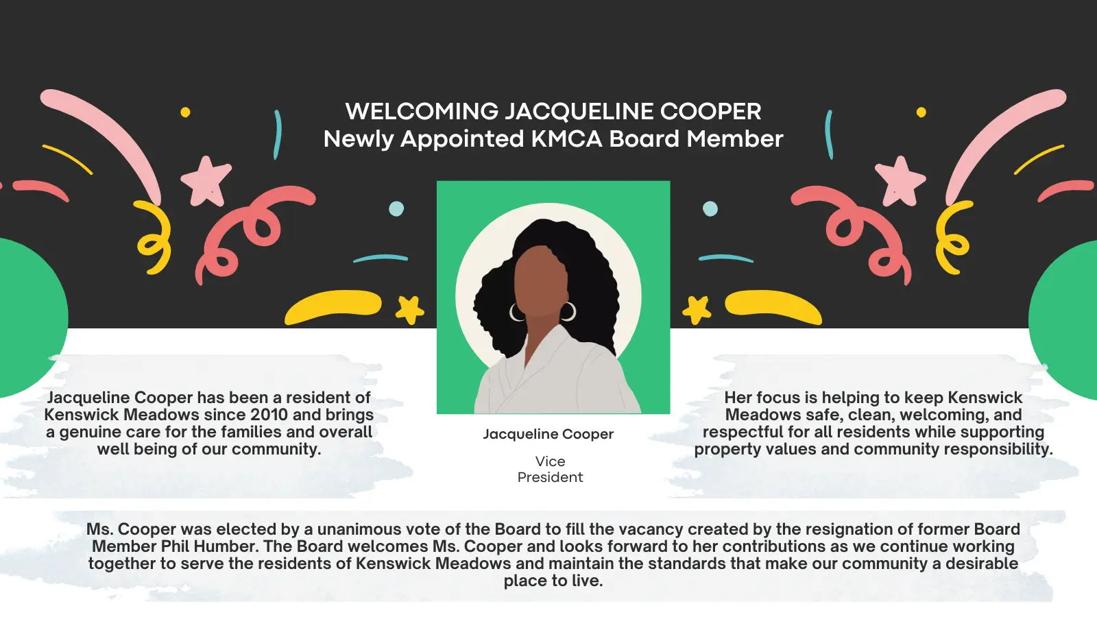 KMCA graphic welcoming newly appointed board member Jacqueline Cooper