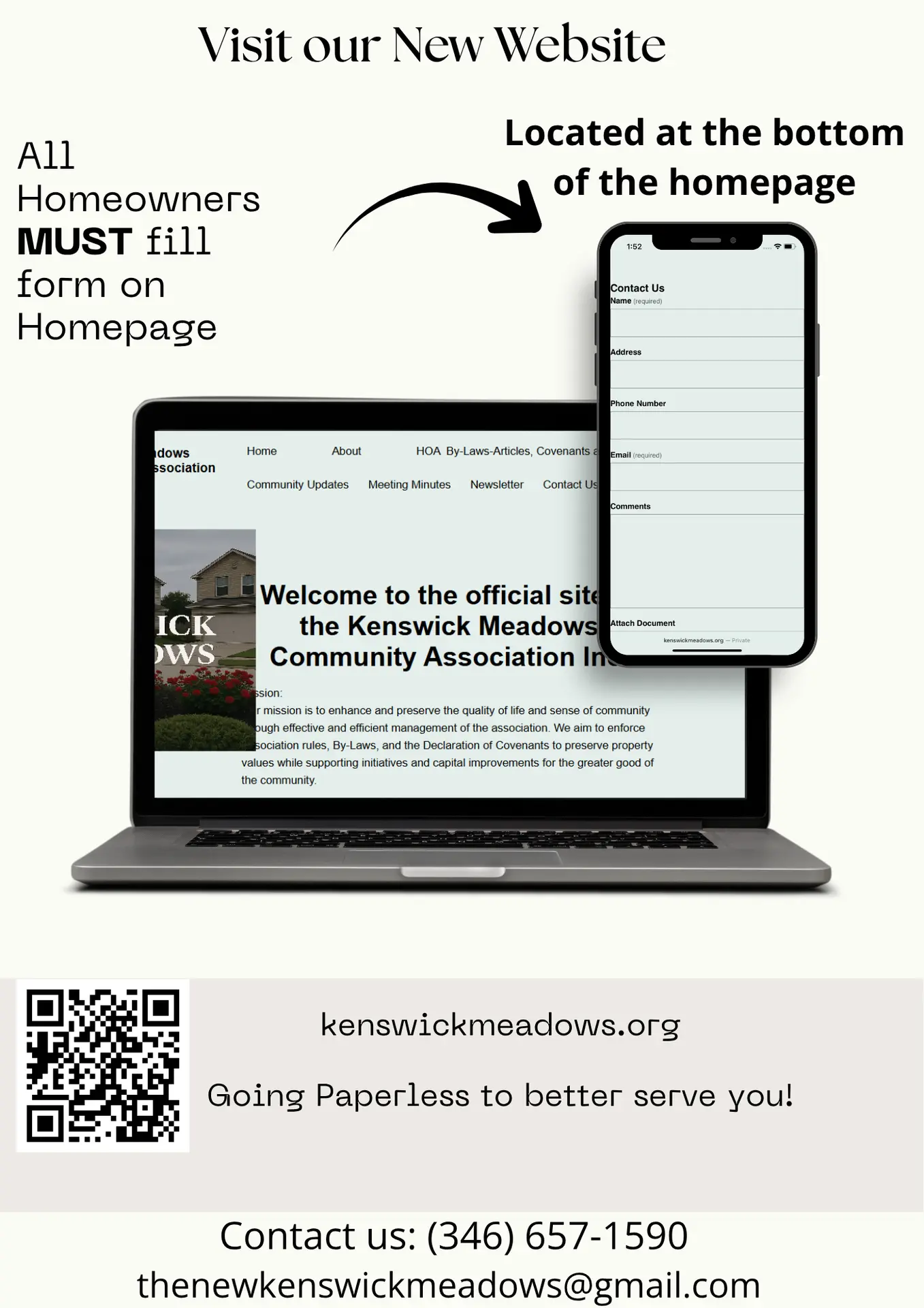 KMCA website launch graphic showing the homeowner form on desktop and mobile